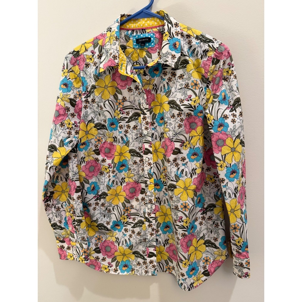 Talbots Women's Floral Button Down Shirt Multicolor Polka Dot Trim Small
